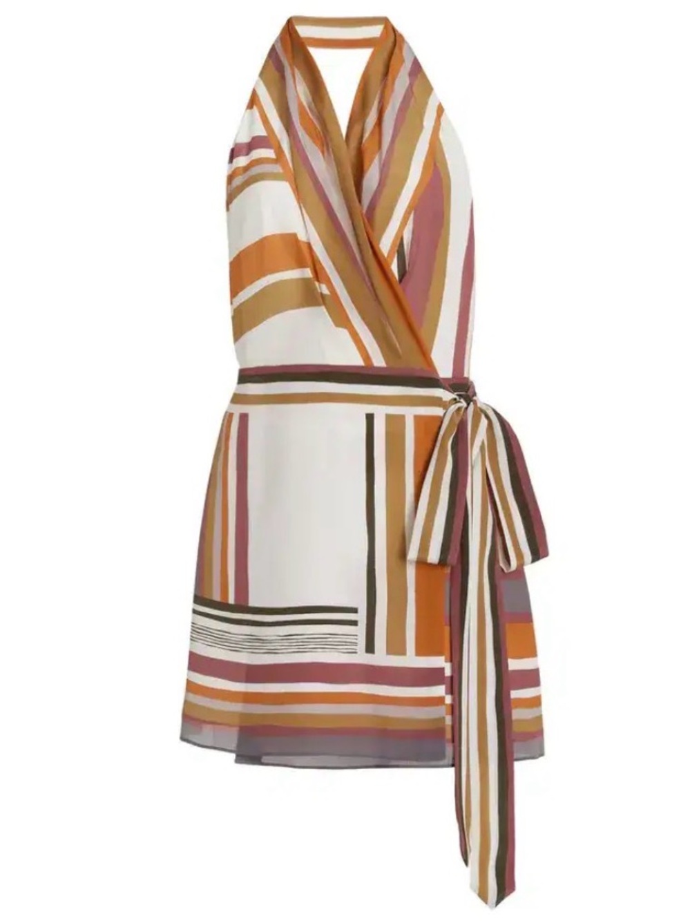 SIR the label Striped Halter Wrap Mini Dress in Rust, Cream & Mauve